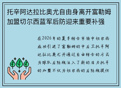 托辛阿达拉比奥尤自由身离开富勒姆加盟切尔西蓝军后防迎来重要补强 托辛阿达拉比奥尤自由身离开富勒姆加盟切尔西蓝军后防迎来重要补强